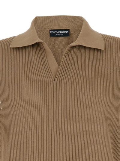 Shop Dolce & Gabbana Beige Open-work V Neck Polo Shirt In Cotton Man
