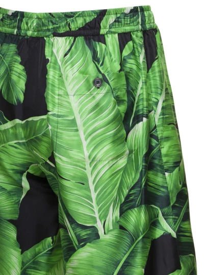 Shop Dolce & Gabbana Black & Green Bermuda Shorts With All-over Leaf Print In Silk Man