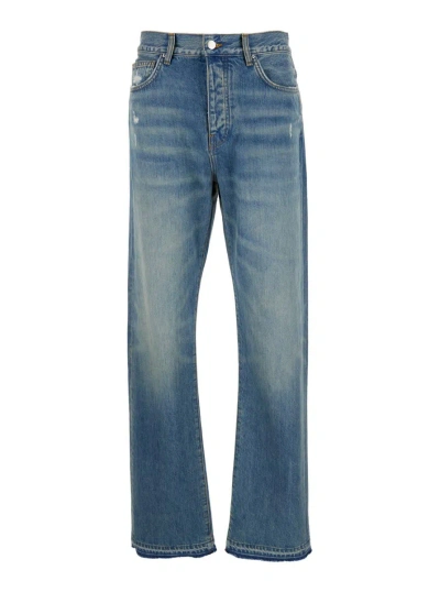Shop Amiri Light Blue Straight Jeans With Used Effect In Cotton Denim Man