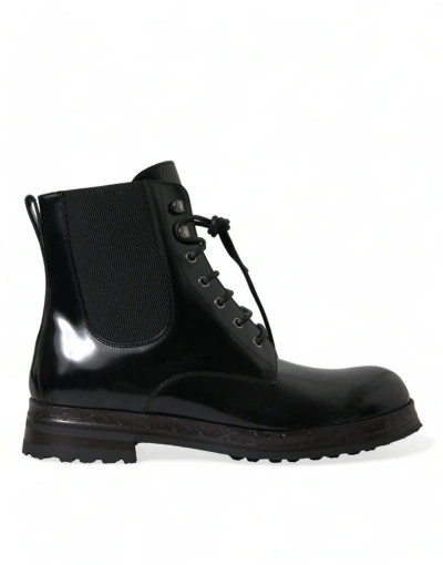 Shop Dolce & Gabbana Black Leather Lace Up Mid Calf Boots Shoes
