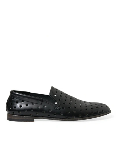 Shop Dolce & Gabbana Black Leather Perforated Loafers Shoes