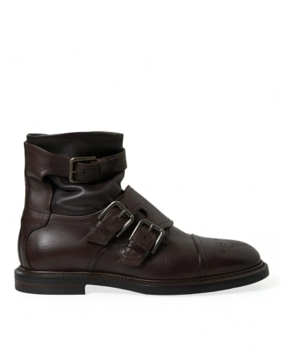 Shop Dolce & Gabbana Brown Leather Straps Ankle Boots Shoes