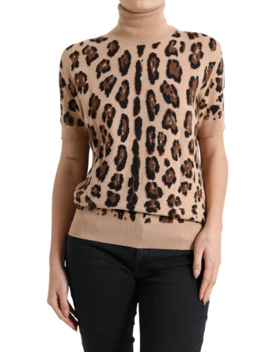 Shop Dolce & Gabbana Beige Leopard Print Wool Turtleneck Top