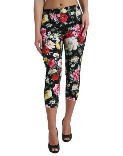 Dolce & Gabbana Black Floral Print Mid Waist Cropped Pants In Black
