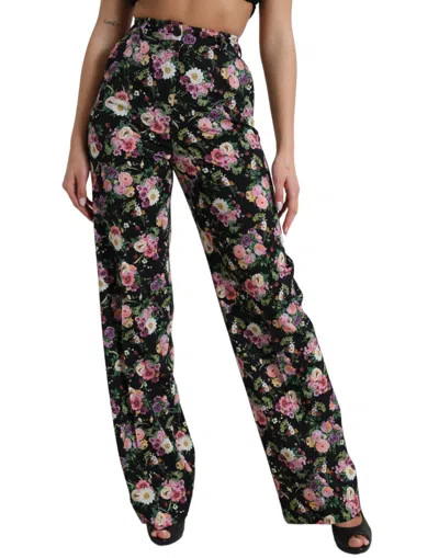 Dolce & Gabbana Black Floral Wool High Waist Wide Leg Pants In Black