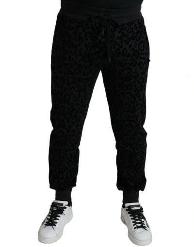 Dolce & Gabbana Black Leopard Cotton Slim Fit Jogger Pants In Black