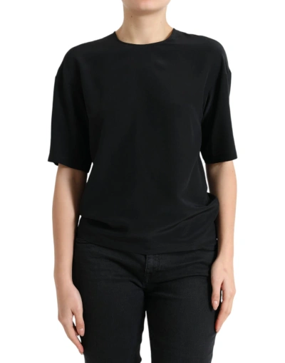 Dolce & Gabbana Black Silk Round Neck Short Sleeve Blouse Top In Black