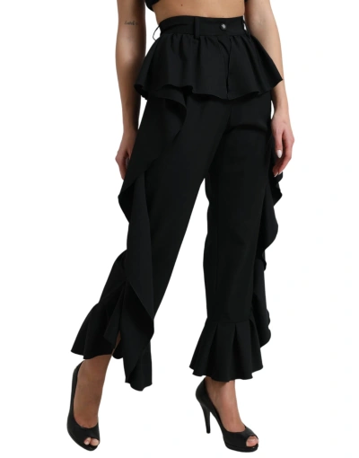 Shop Dolce & Gabbana Black Wool Ruffle High Waist Wide Leg Pants