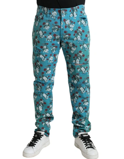 Dolce & Gabbana Blue Floral Print Skinny Cotton Denim Pants In Blue