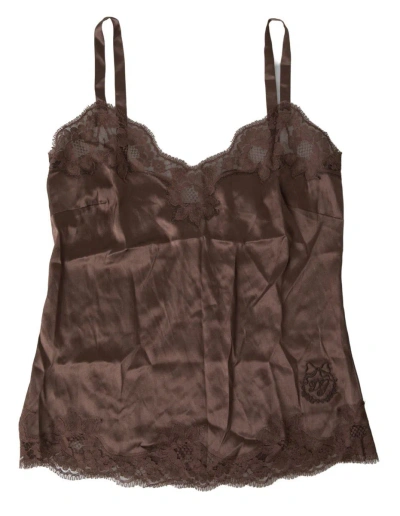 Shop Dolce & Gabbana Brown Logo Silk Sleepwear Camisole Top Underwear
