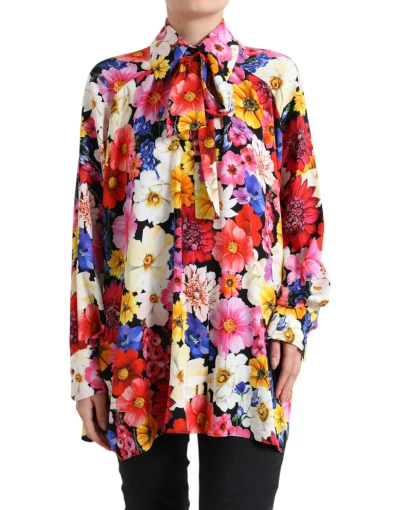 Shop Dolce & Gabbana Multicolor Floral Ascot Collared Blouse Top