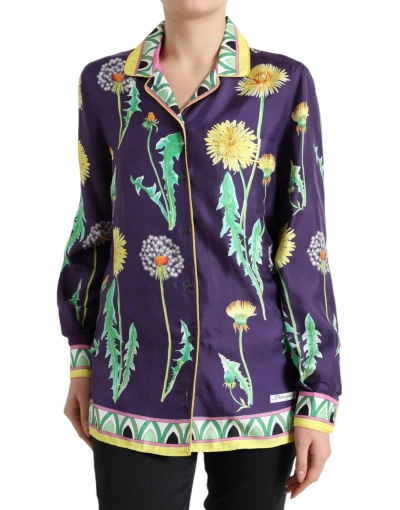 Shop Dolce & Gabbana Purple Floral Print Twill Shirt Blouse Top