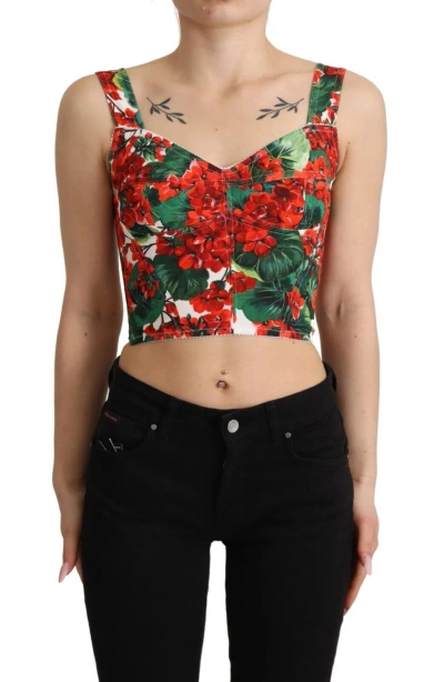 Shop Dolce & Gabbana Red Geranium Print Viscose Sweetheart Cropped Top