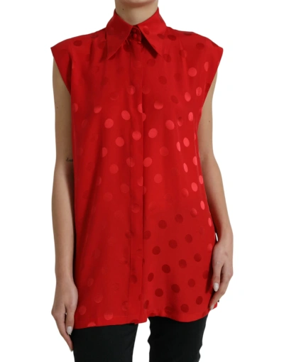 Shop Dolce & Gabbana Red Polka Dot Sleeveless Collared Blouse Top