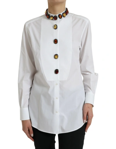 Shop Dolce & Gabbana White Cotton Crystals Embellished Shirt Top