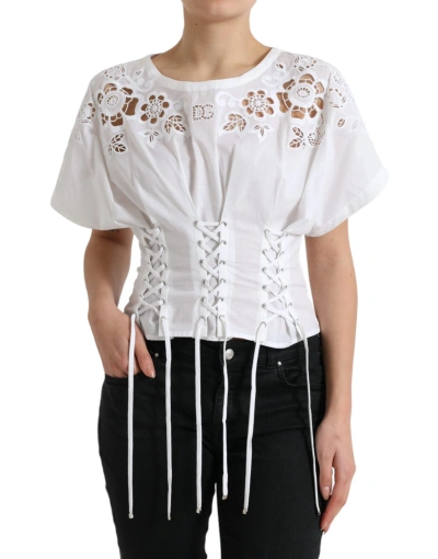 Shop Dolce & Gabbana White Cotton Floral Cut Out Blouse Top
