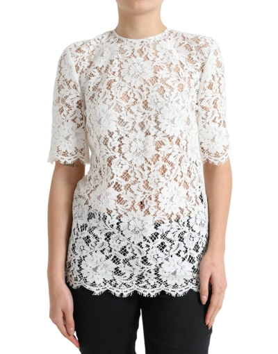Shop Dolce & Gabbana White Floral Lace Cotton Round Neck Blouse Top