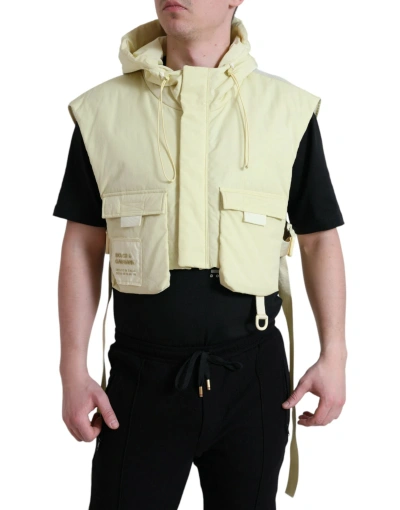 Shop Dolce & Gabbana Yellow Nylon Hooded Sportswear Vest Jacket