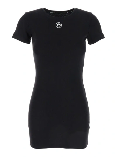 Shop Marine Serre Black T-shirt Mini Dress With Logo In Cotton Woman
