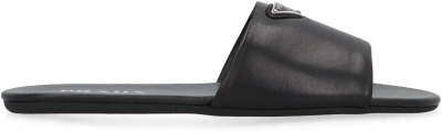 Shop Prada Leather Slides In Black