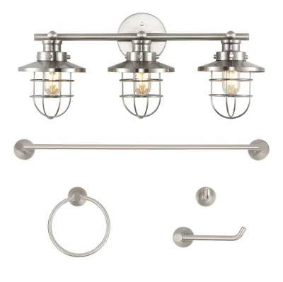 Jonathan Y Ellis 24" 3-light Industrial Farmhouse Vanity Light With Bathroom Hardware Accessory Set, Brushed Ni