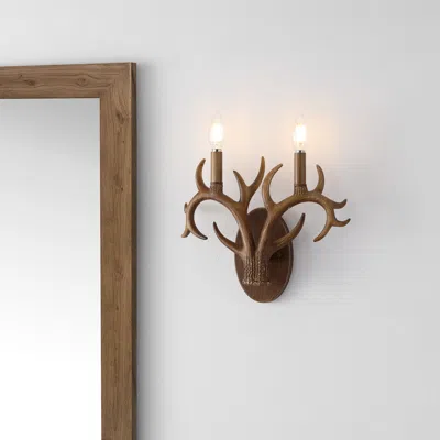 Jonathan Y Oakley 13.25" 2-light Southwestern Bohemian Resin/iron Faux Antler Led Sconce, Brown Wood Finish
