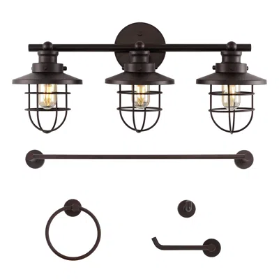 Jonathan Y Ellis 24" 3-light Industrial Farmhouse Vanity Light With Bathroom Hardware Accessory Set, Oil Rubbed