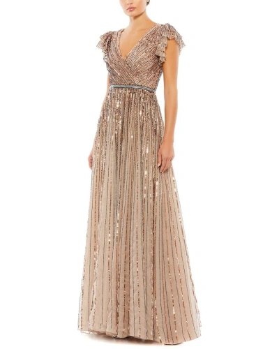 Shop Mac Duggal Sequined Wrap Over Ruffled Cap Sleeve Gown In Multi