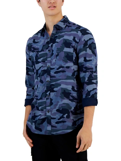 Shop Alfani Mens Camo Print Cotton Button-down Shirt In Blue
