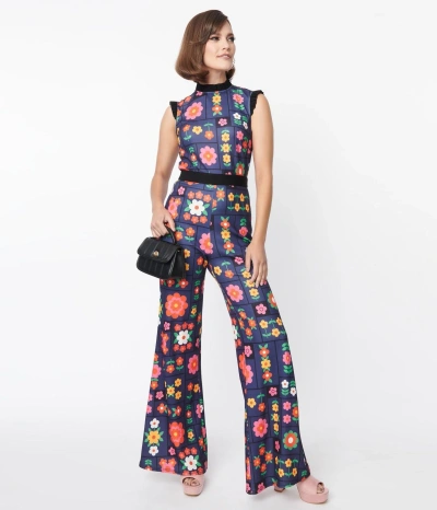 Shop Smak Parlour Navy & Floral Wallpaper Back Bow Jumpsuit In Multi