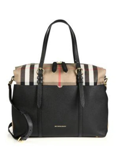 Shop Burberry Mason Leather & Check Baby Bag In Black