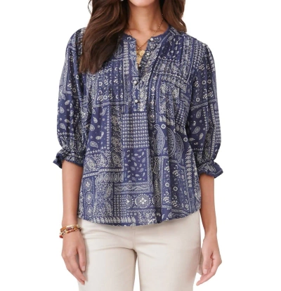 Shop Democracy Lantern Sleeve Printed Woven Top In Navy In Blue