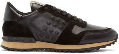 Shop Valentino Black Leather Rockstud Sneakers