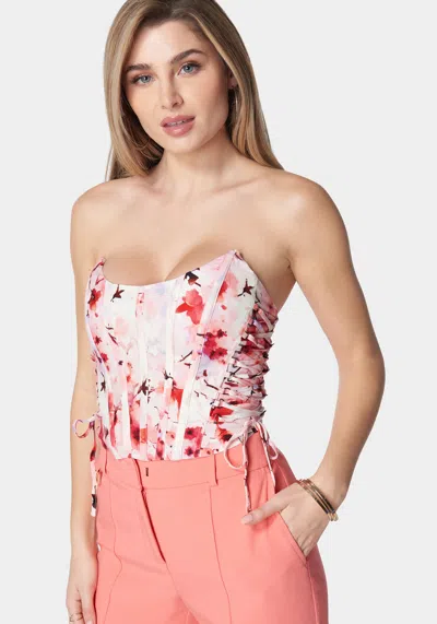 Bebe Scoop Neck Lace Up Printed Corset Top In River Blossom Print