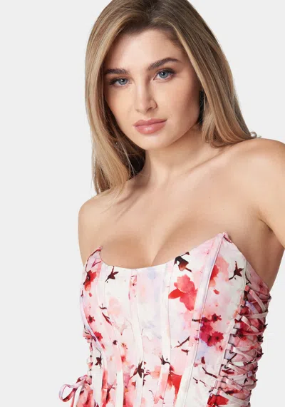 Bebe Scoop Neck Lace Up Printed Corset Top In River Blossom Print