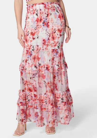 Shop Bebe High Waist Smocked Ruffle Maxi Skirt In River Blossom Print