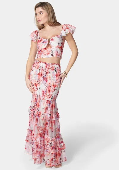 Bebe High Waist Smocked Ruffle Maxi Skirt In River Blossom Print