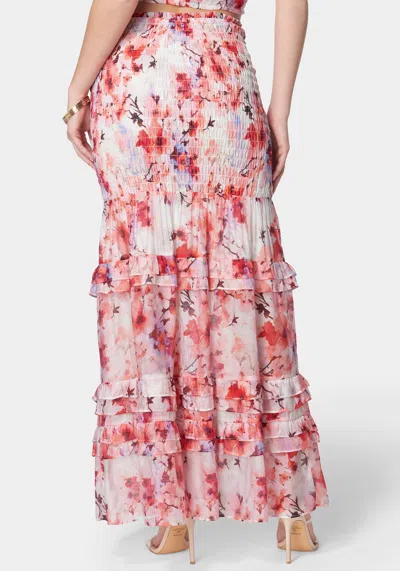 Bebe High Waist Smocked Ruffle Maxi Skirt In River Blossom Print