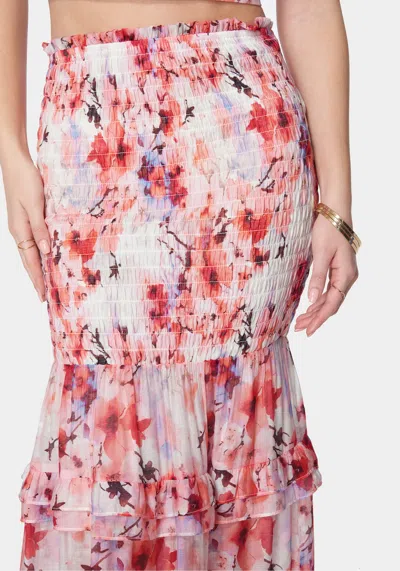 Shop Bebe High Waist Smocked Ruffle Maxi Skirt In River Blossom Print