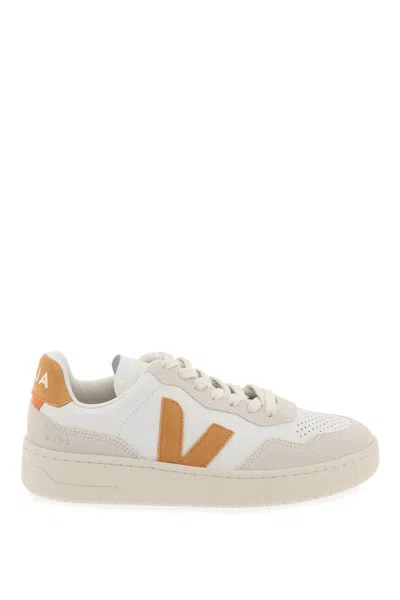 Shop Veja Sneakers V 90 In Pelle In White, Beige, Orange