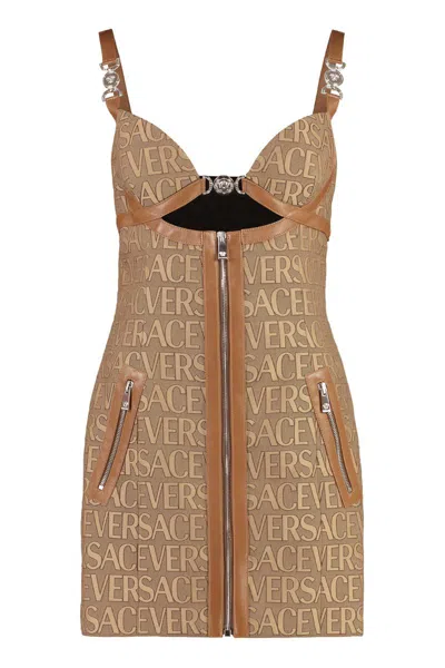Versace Embellished Leather-trimmed Cutout Canvas-jacquard Mini Dress In Beige