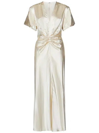 Shop Victoria Beckham Gathered V-neck Midi Dress Midi Dress In Bianco