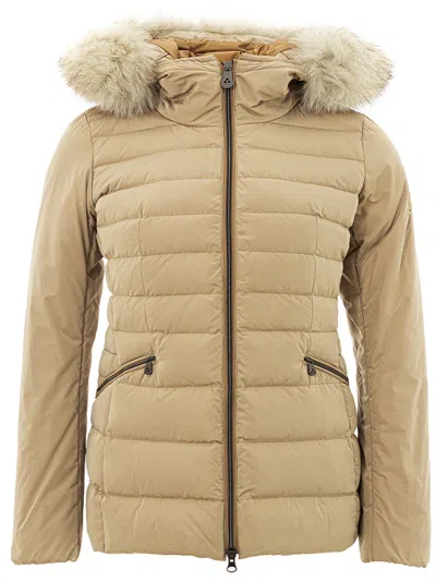 Shop Peuterey Beige Quilted Jacket With Fur Detail