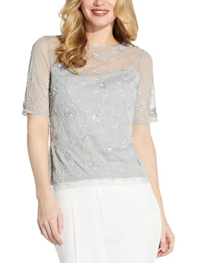 Shop Adrianna Papell Womens Illusion Beaded Blouse In Grey