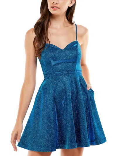 Shop City Studio Juniors Womens Metallic Mini Fit & Flare Dress In Blue
