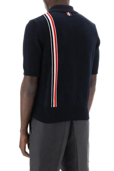 Shop Thom Browne Cotton Knit Polo Shirt With Rwb Stripe In Blue