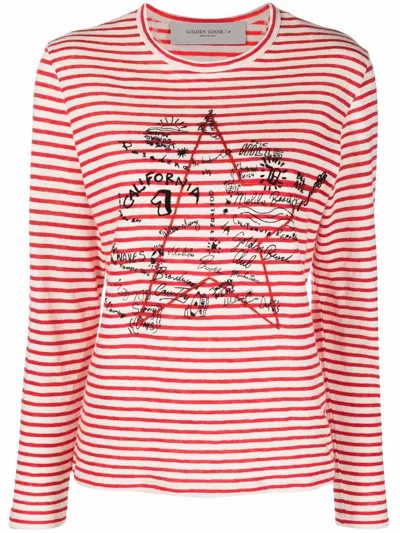 Shop Golden Goose Star-print Striped Long-sleeved T-shirt In Ecru/tango Red