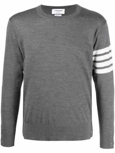 Shop Thom Browne Crew-neck Sweater With 4-stripe Detail In Grey