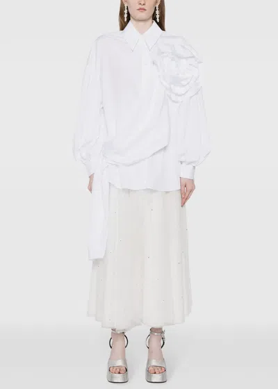 Shop Simone Rocha White Floral-appliqu?? Draped Cotton Shirt