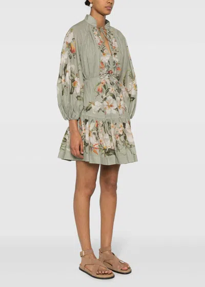 Shop Zimmermann Sage Lexi Billow Mini Dress In Sage Palm